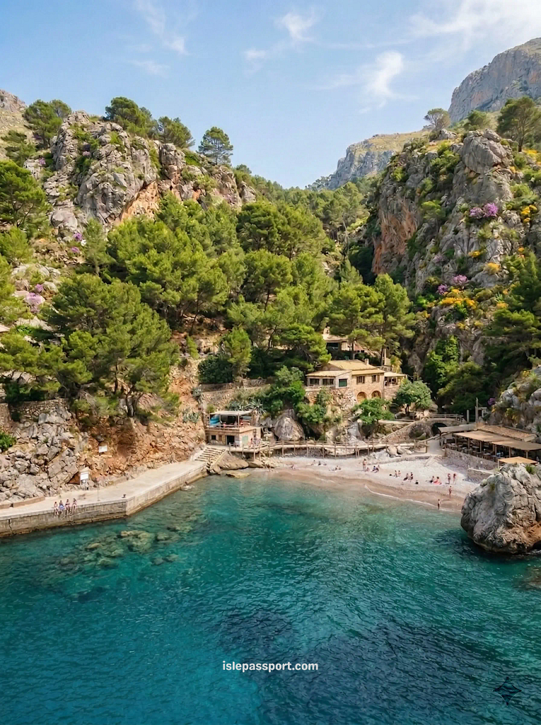 The pebble beach at Sa Calobra with turquoise water at the end of the Mallorca west coast drive.