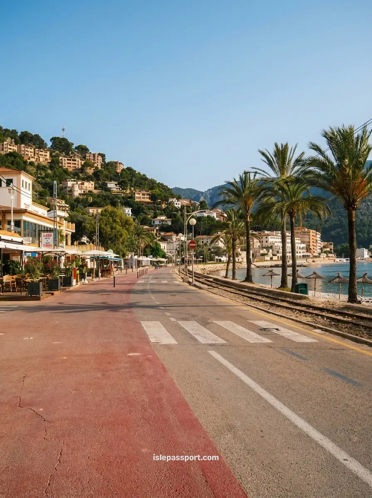The Es Través promenade in Port de Sóller with tram tracks and seafront restaurants under the mountains.