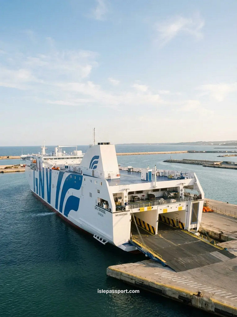 A GNV (Grandi Navi Veloci) ferry ship at sea, providing seasonal Balearic ferry services between mainland Spain and the islands.