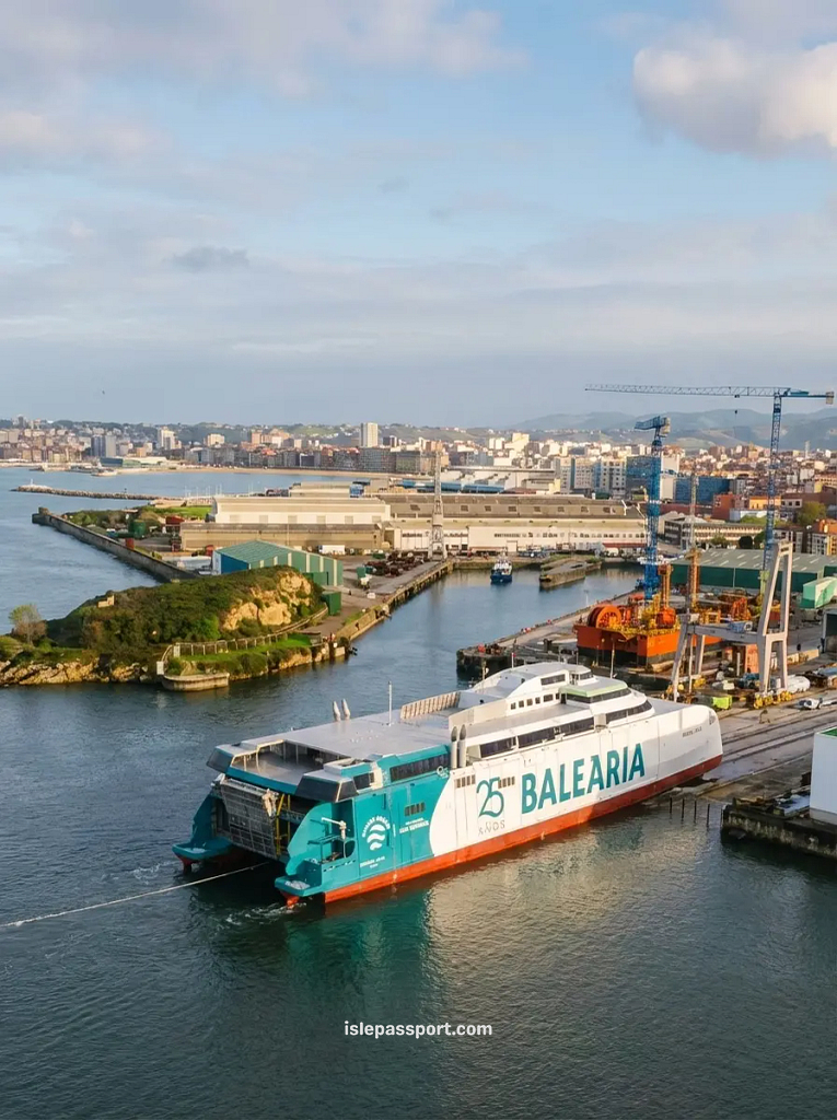 A high-speed Balearia catamaran ferry docked in the harbor, designed for a fast Balearic ferry crossing to Mallorca.