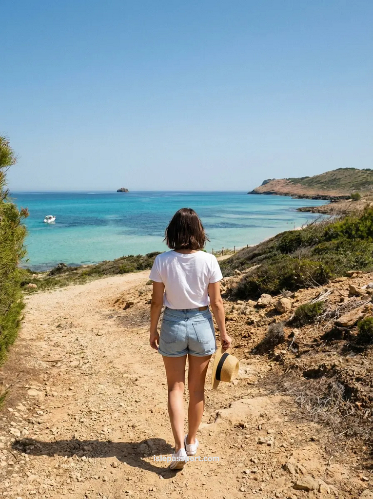 A woman in a sun hat hiking a dirt trail toward a bright blue Mediterranean bay, showcasing the access to Mallorca hidden beaches.