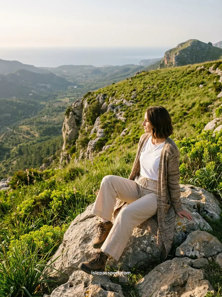 A woman in a cardigan and hiking boots sitting on a mountain peak during a trip to Mallorca in May.