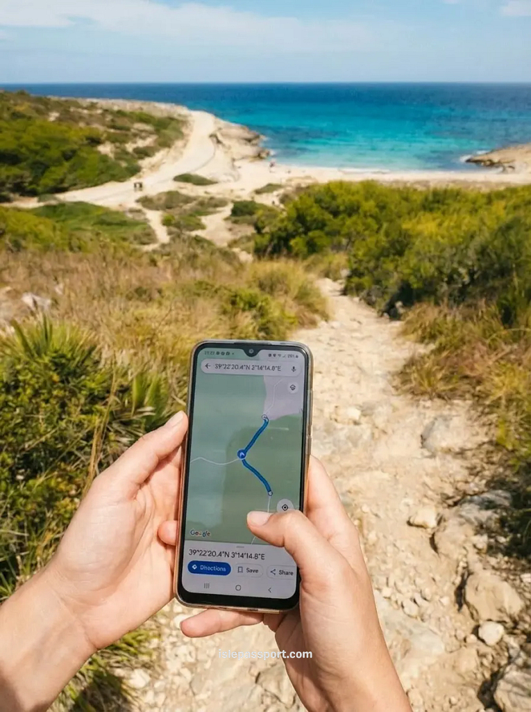 A point-of-view shot holding a smartphone with a satellite map pinpointing the trail to Cala Mitjana, one of the top Mallorca hidden beaches.