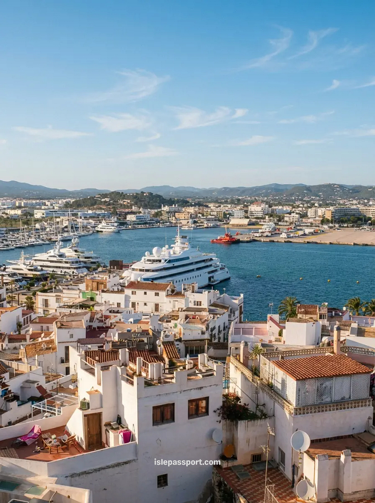 The historic Dalt Vila old town of Ibiza viewed from the water at sea level.