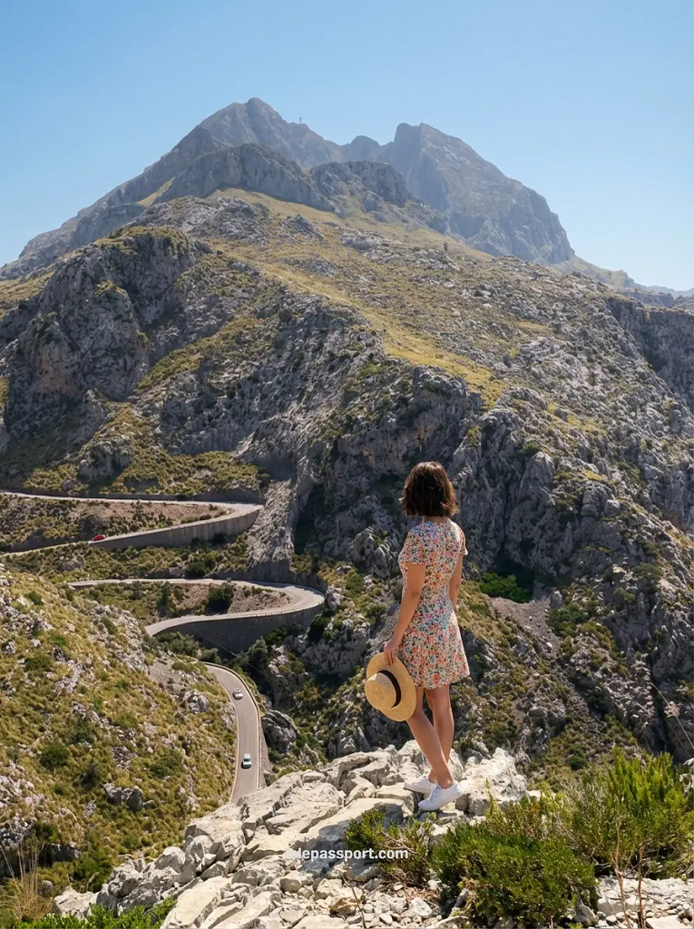 A woman in a floral dress and sun hat overlooking the winding Ma-10 mountain road during a Mallorca coastal road trip in the Serra de Tramuntana.