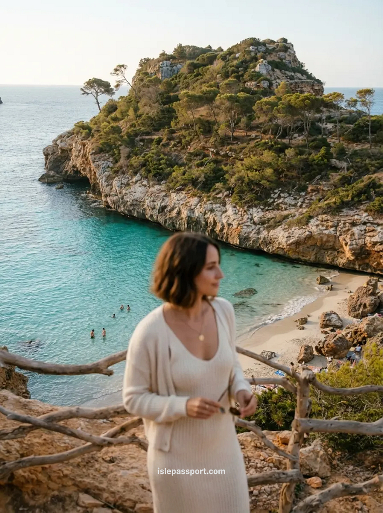 A woman in a cream cardigan looking out over a turquoise cove in Mallorca in May.