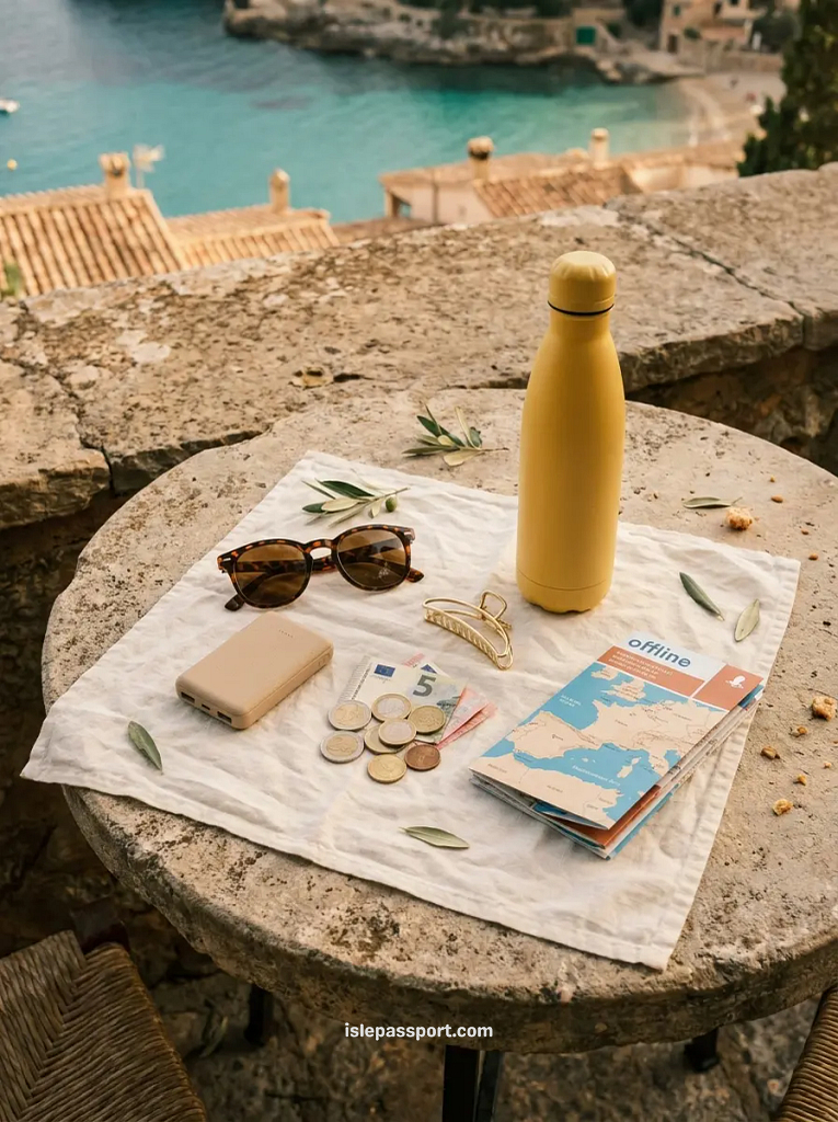 A flat lay on a stone table featuring a portable charger, Euro coins, polarized sunglasses, and a yellow water bottle.