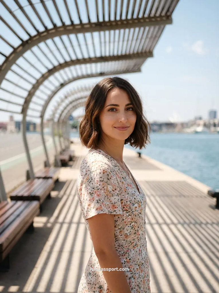 Woman standing at the sunny Valencia ferry terminal before boarding the Balearic ferry to Mallorca.