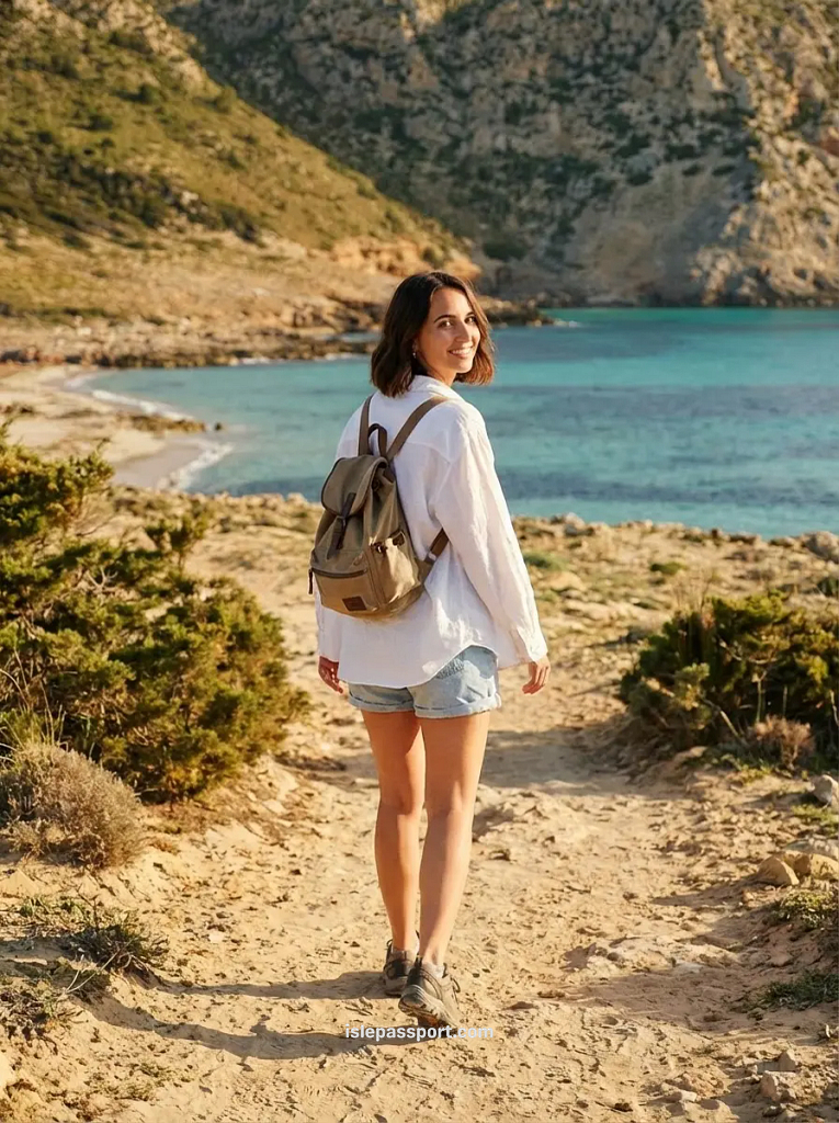 woman smiling at the camera while hiking the rocky trail to Cala Estreta, showing the effort needed to find Mallorca hidden beaches.