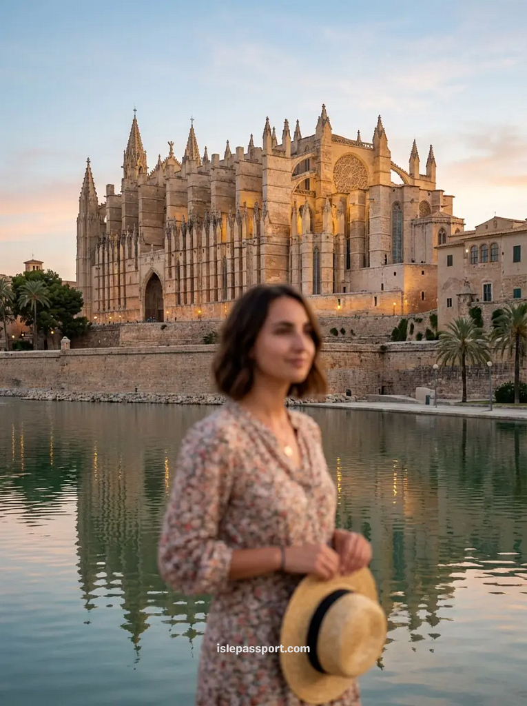 A woman standing in front of the illuminated Gothic facade of La Seu cathedral reflected in the still waters of Parc de la Mar at sunset in Palma de Mallorca.