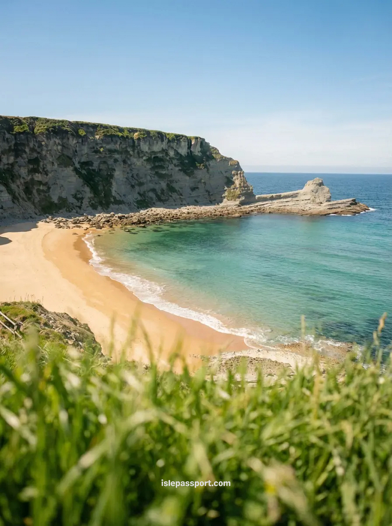 A stunning panoramic view of the semi-circular cliffs at Playa de Langre, Cantabria, showing the sharp contrast between the bright green meadows and the deep turquoise Atlantic tide.