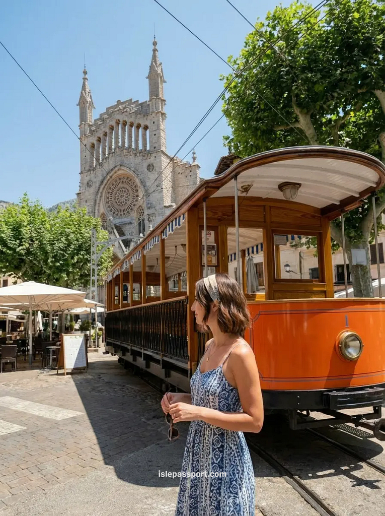 Woman behind vintage orange tram passing through Sóller main square with Sant Bartomeu church in the background.