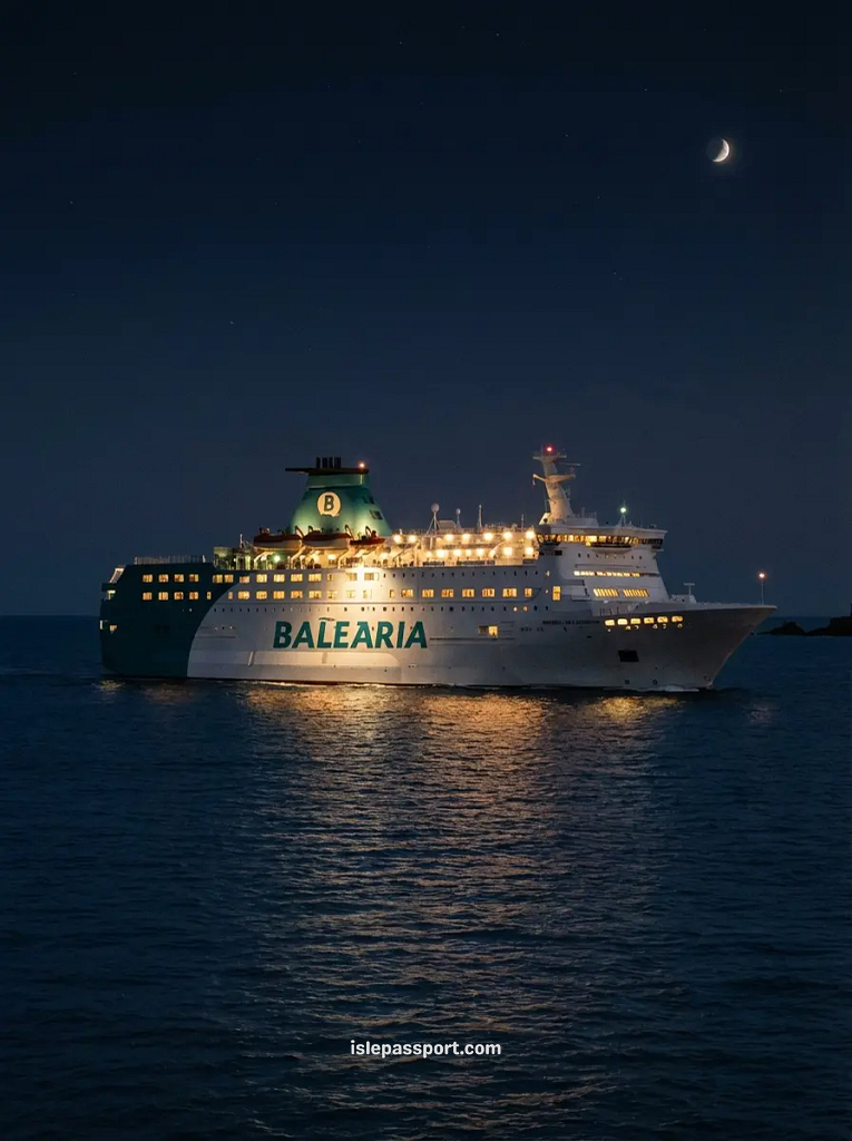 A large Balearia overnight ferry illuminated at night on the Mediterranean Sea under a crescent moon.