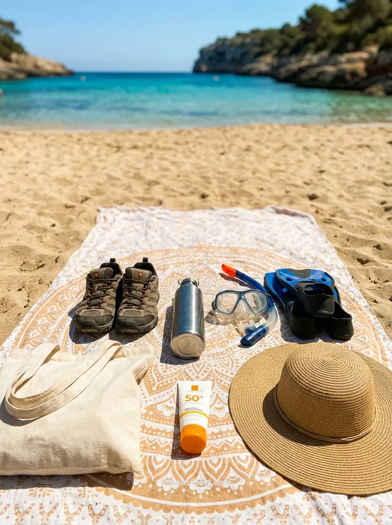 A flat lay on a beach towel at Cala Marmols featuring sturdy hiking shoes, snorkeling gear, and sun protection for visiting Mallorca hidden beaches.