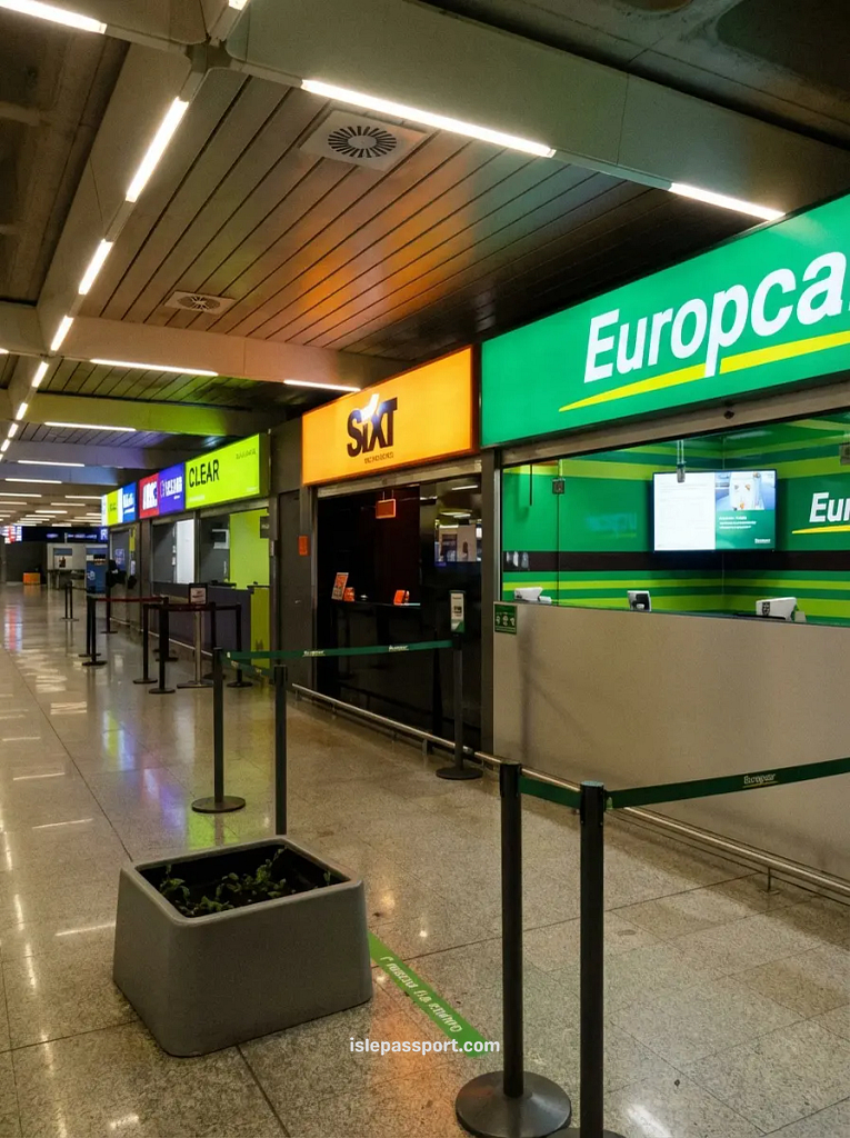 Renting a Car in Mallorca process. Car rental company counters like Sixt and Europcar at the Palma de Mallorca Airport (PMI) terminal.
