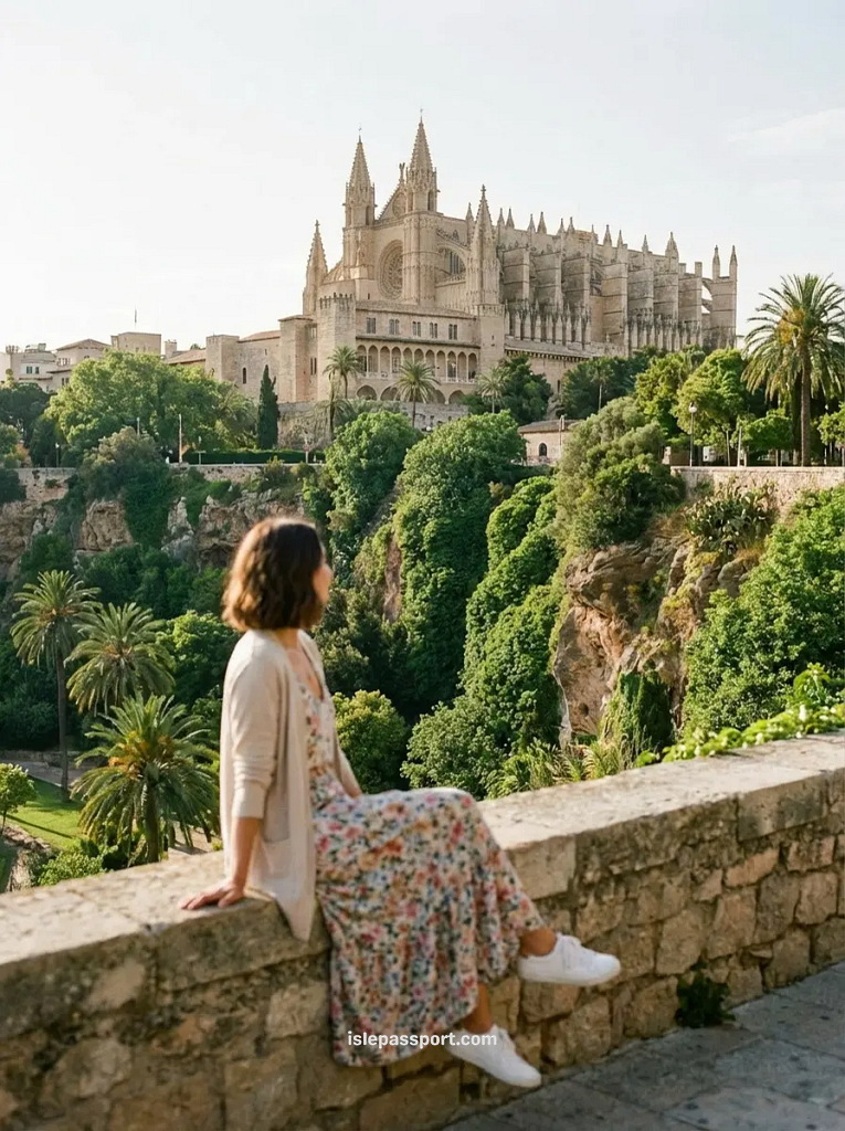 A woman sitting on a stone wall overlooking the Palma de Mallorca Cathedral during the mild May weather.