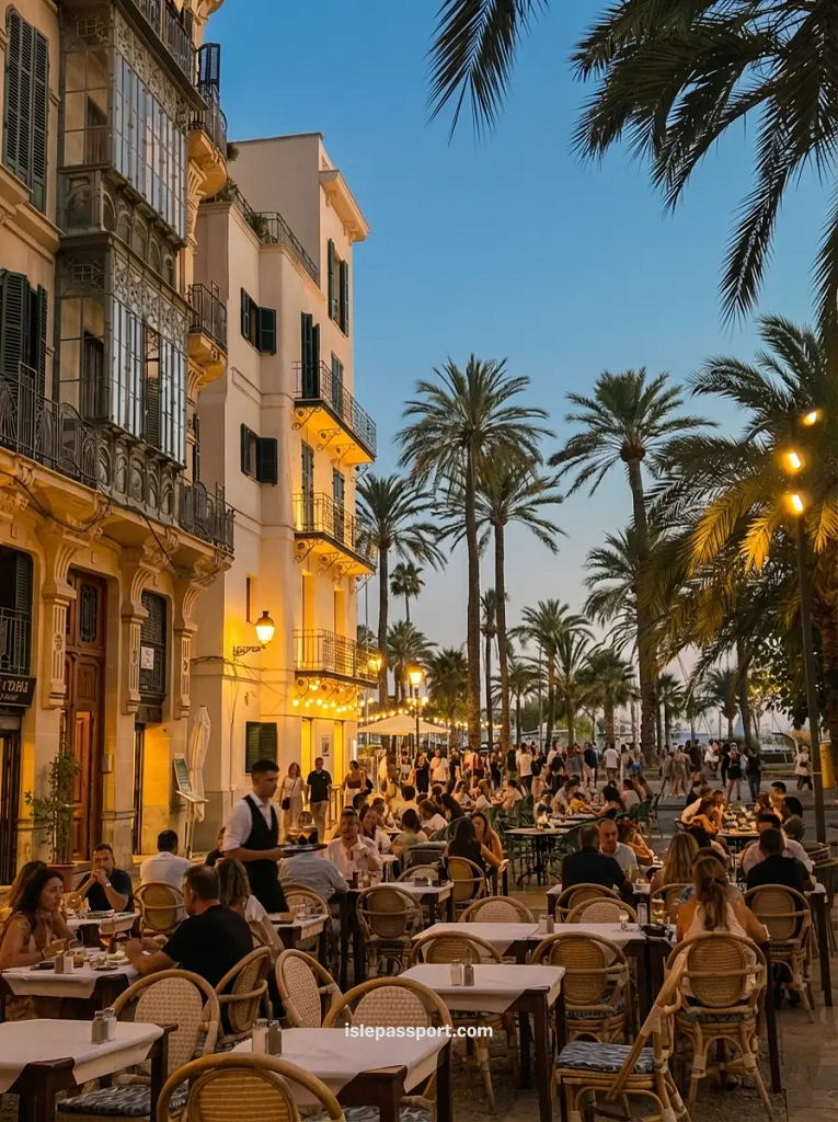Buzzing outdoor restaurant terrace in Palma's old town at dusk, with warm lantern light, rattan chairs, palm trees and crowds of diners along the waterfront promenade.