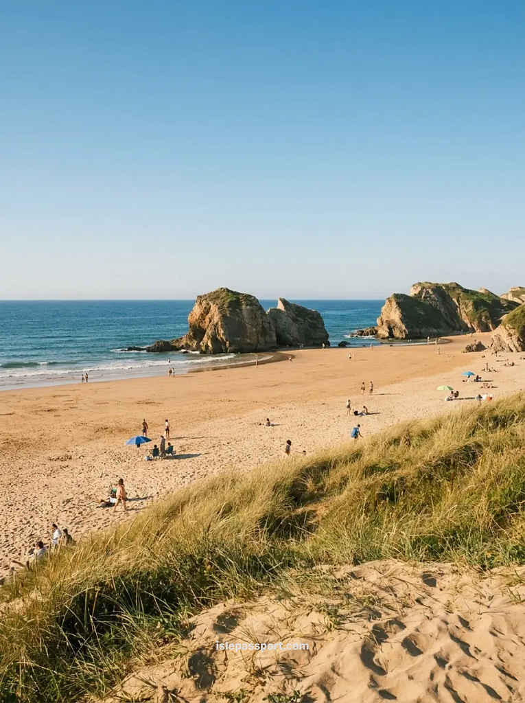 A wide view of Playa de la Arnia in Cantabria, featuring dramatic vertical rock stacks, golden sand, and calm swimming water under a clear blue sky.