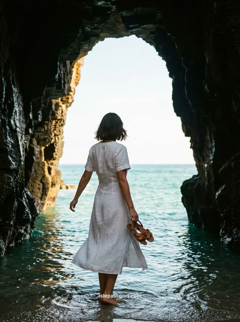 A woman in a white dress stands inside a massive natural stone arch at Playa de las Catedrales (Cathedrals Beach) in Galicia, Spain, showcasing the scale of the sea caves.