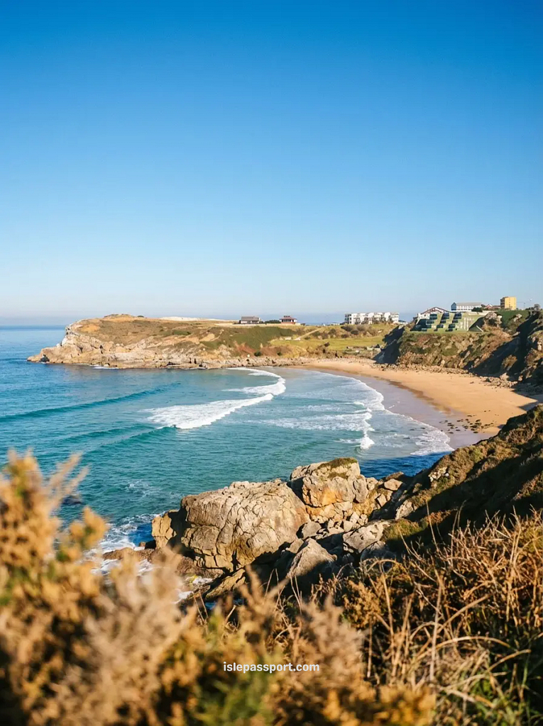 Wide scenic view of Playa de Oyambre in Cantabria, featuring a crescent sandy beach, blue ocean waves, and green coastal hills.