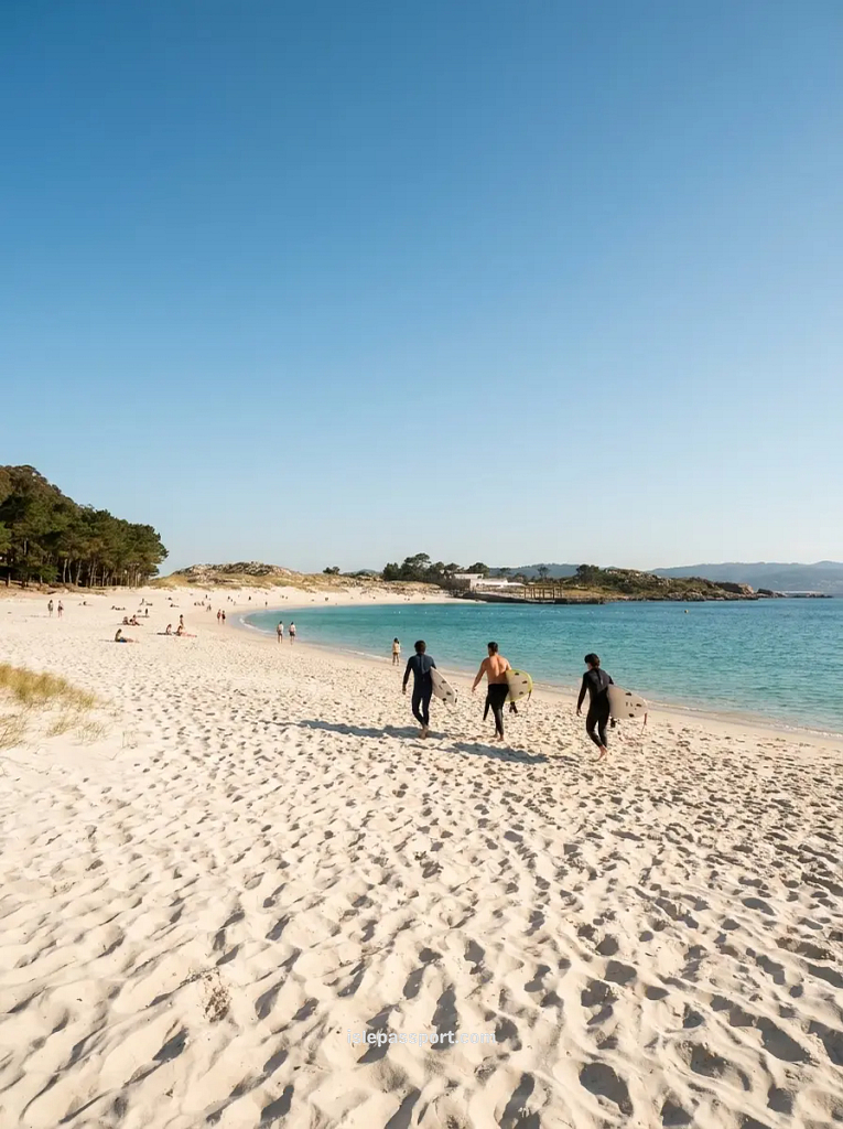 Three surfers in wetsuits carrying surfboards walk across the bright white sand of Playa de Rodas in the Cíes Islands, Galicia, toward the calm turquoise water.