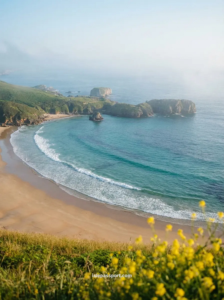 A breathtaking view of the golden crescent-shaped Playa de Torimbia beach in Asturias, surrounded by lush green hills and turquoise water.