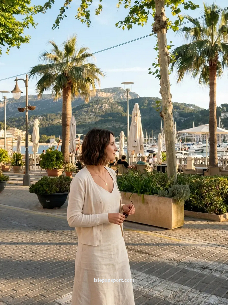 A woman walking on the Port de Sóller promenade at sunset with the marina and mountains in the background.
