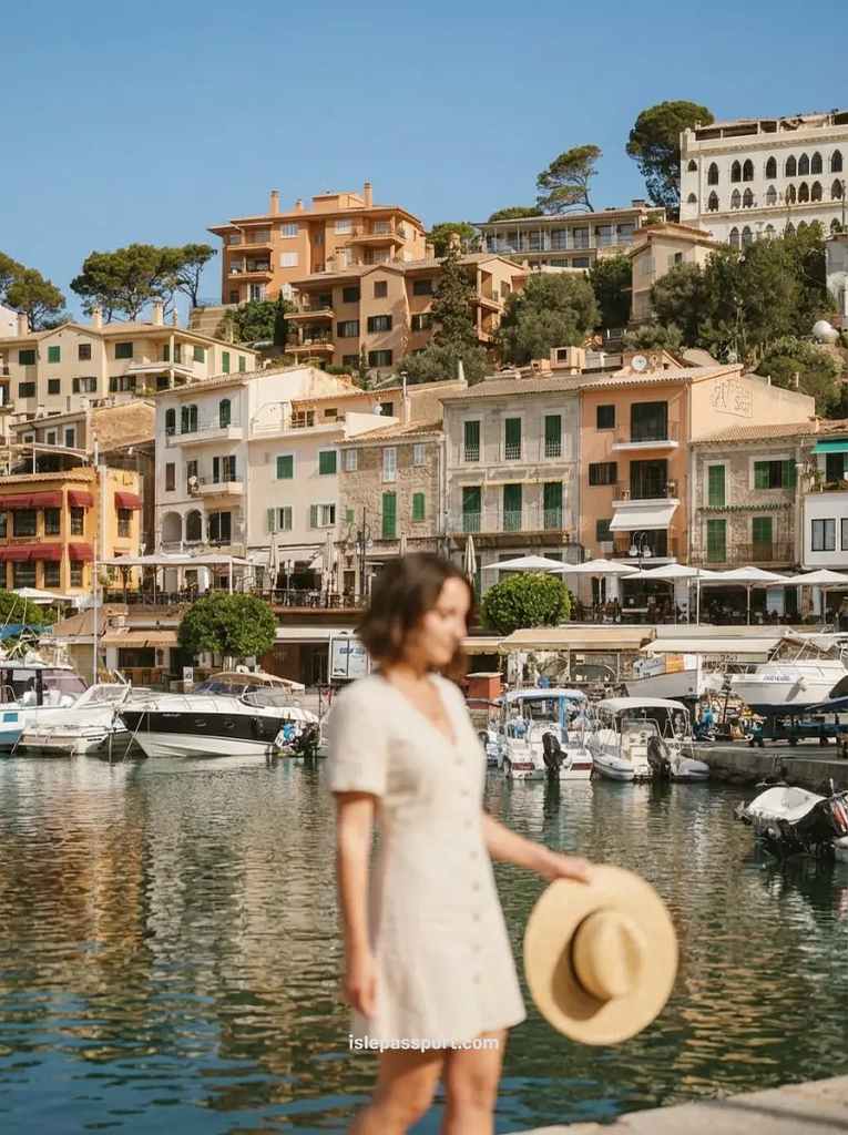 Colorful traditional Mallorcan buildings stacked on the hillside overlooking the Port de Sóller harbor.