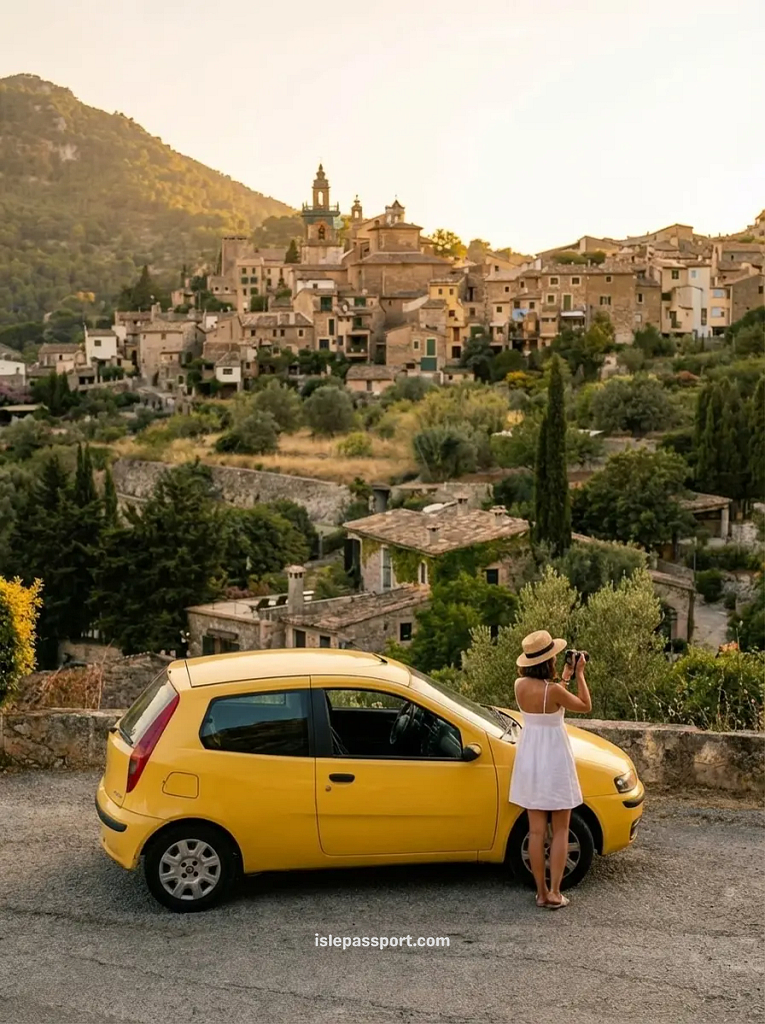 A small car navigating a scenic, winding mountain road through the Serra de Tramuntana, the dramatic mountain range that runs along Mallorca's northwestern coastline.