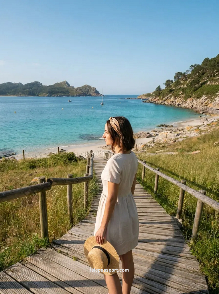 A traveler in a white linen dress walking down a rustic wooden boardwalk toward a secluded turquoise bay in the Rías Baixas region of Galicia, Spain.