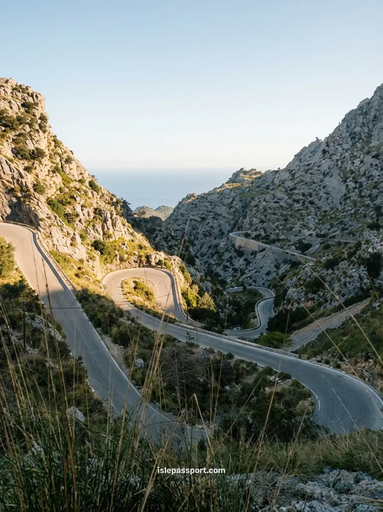 The famous Tie Knot bridge and winding switchbacks on the Sa Calobra descent during a Mallorca scenic drive.
