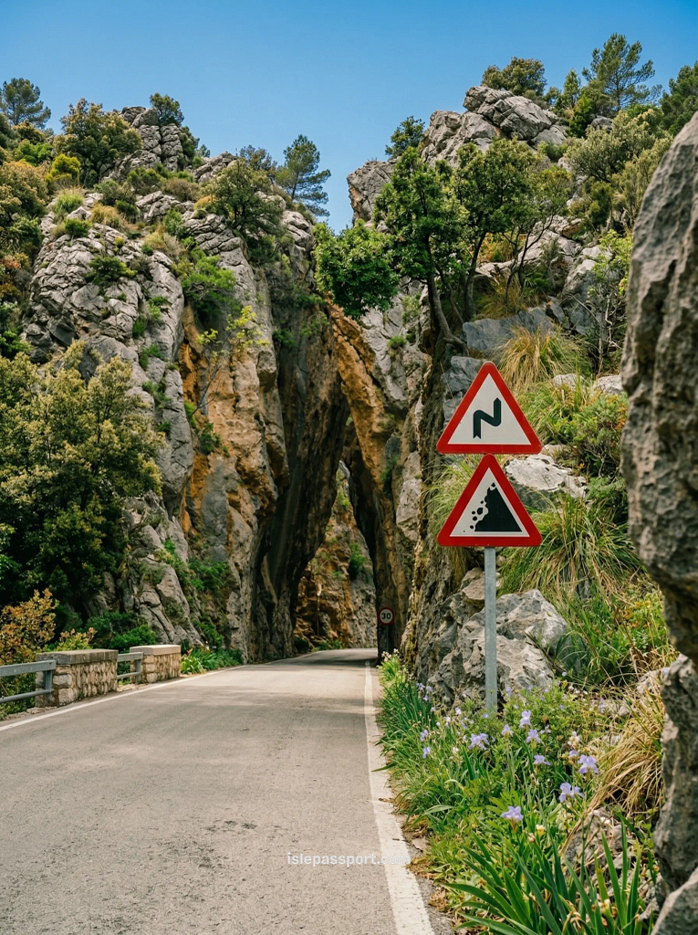 A narrow section of the Ma-10 scenic drive passing between two towering vertical limestone walls in the Serra de Tramuntana during a Mallorca coastal road trip.