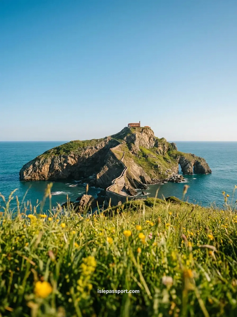 A wide view of the historic San Juan de Gaztelugatxe islet in the Bay of Biscay, featuring the iconic winding stone bridge and hilltop chapel surrounded by deep blue Atlantic waters under a clear sky.