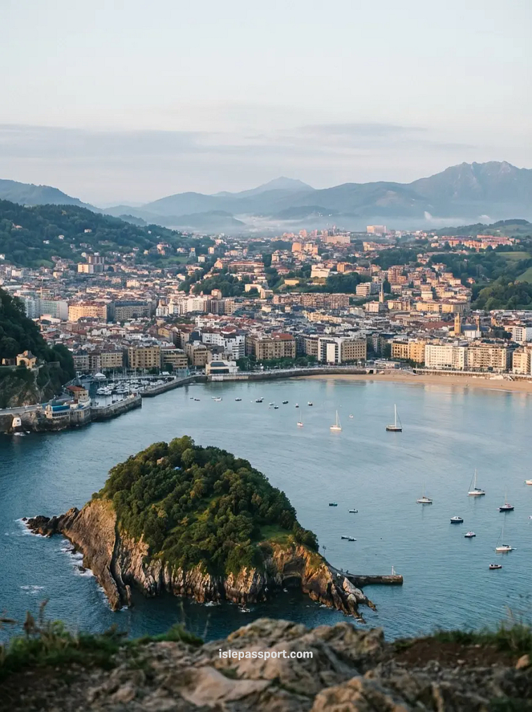 Aerial panoramic view of San Sebastián's La Concha bay at sunrise, showing the tree-covered Santa Clara island, anchored sailboats, and the city framed by misty green mountains in the Basque Country