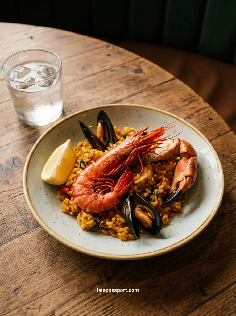 A fresh seafood paella with red prawns, mussels, and crab at a restaurant in Port de Sóller.
