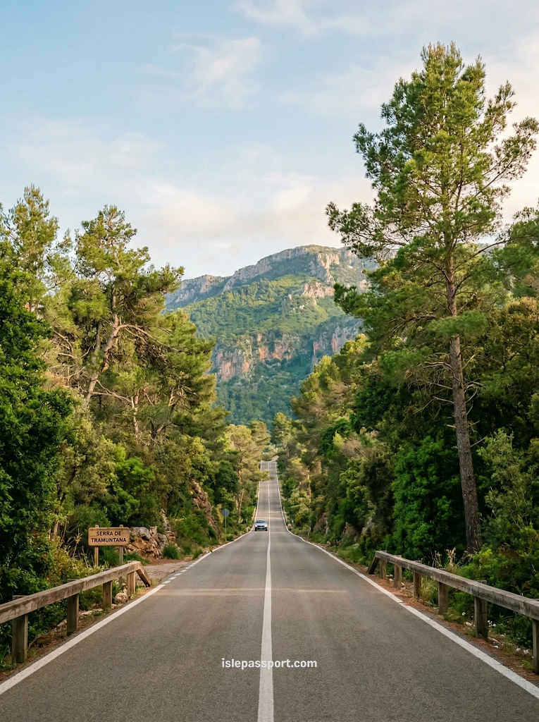 Dramatic limestone peaks and lush valleys of the Serra de Tramuntana drive in Mallorca.