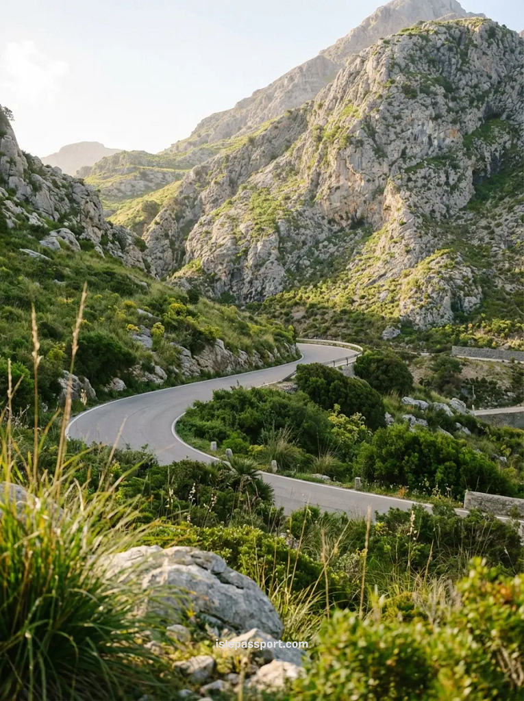 A winding coastal road through the green Serra de Tramuntana mountains during a trip to Mallorca in May.