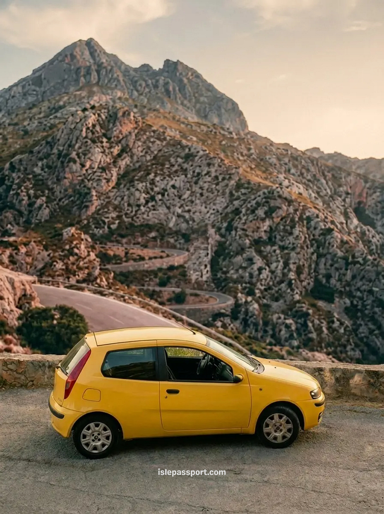 A small yellow hatchback rental car parked at a scenic mountain viewpoint in the Serra de Tramuntana, Mallorca.