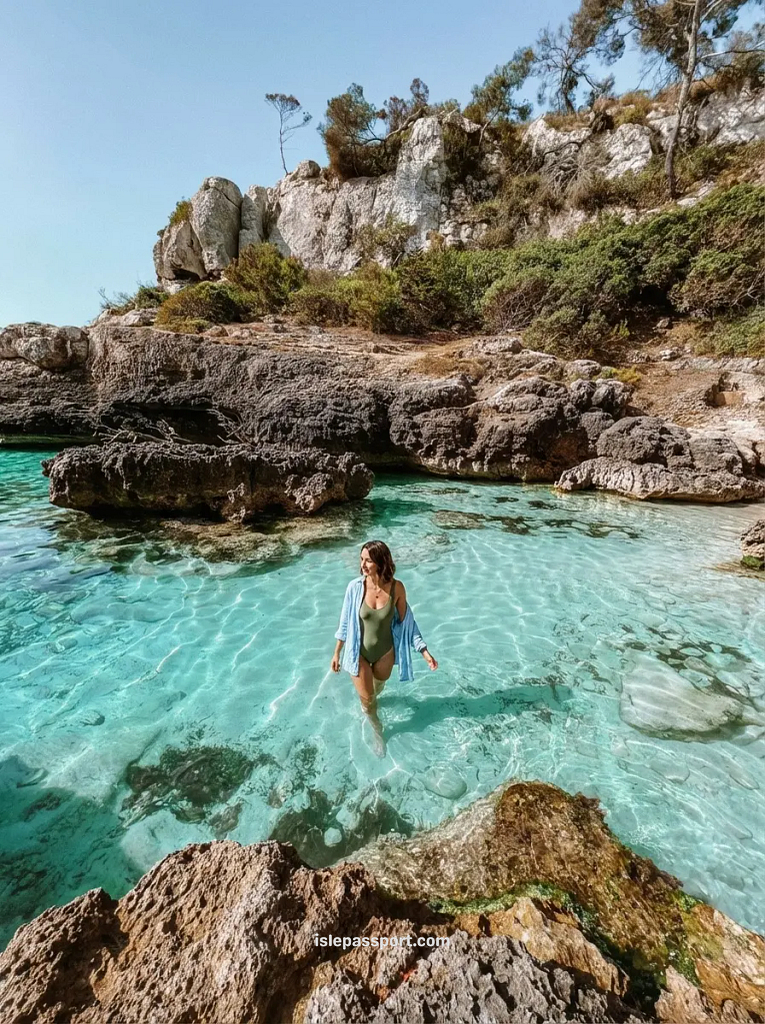 Woman walking into bright turquoise water at a Mallorca beach in late May