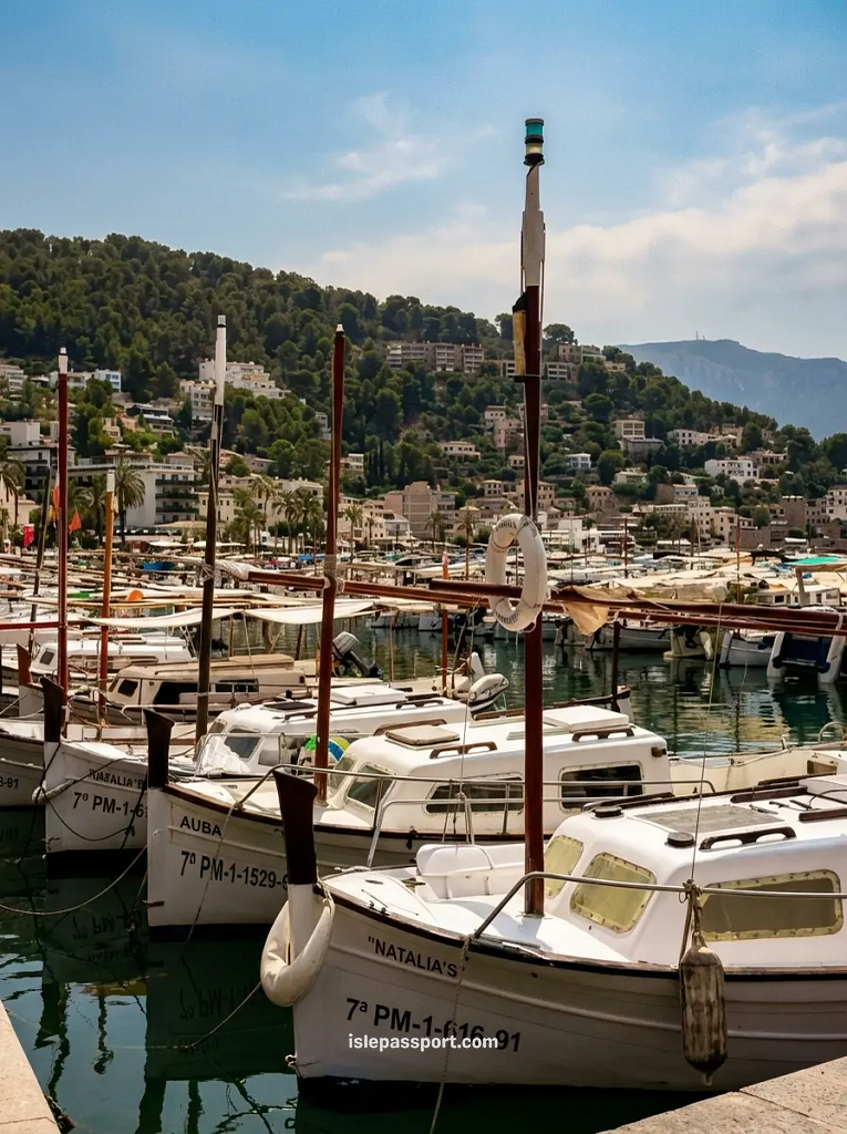 Traditional Mallorcan llaüt fishing boats in the working harbor of Port de Sóller with mountains behind.