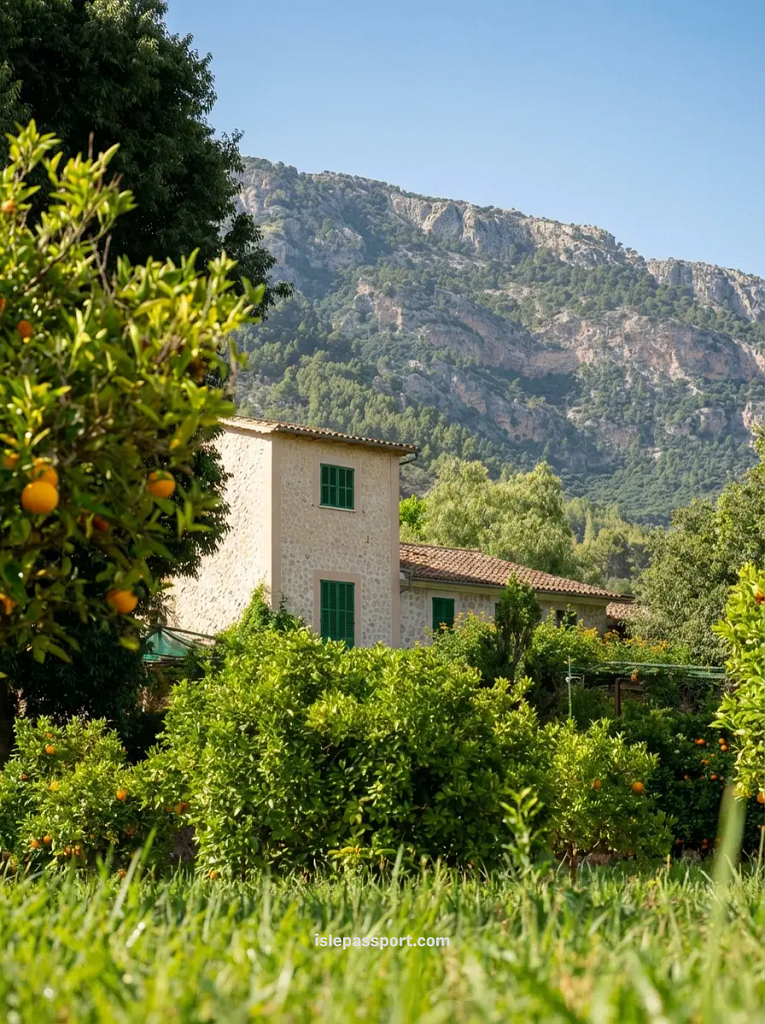 A classic stone Mallorcan farmhouse surrounded by lush orange groves in the Sóller valley with the Serra de Tramuntana mountains in the background.