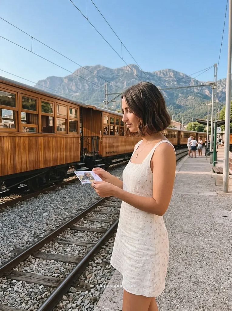 A traveler with a ticket at the historic Sóller train station with the Tramuntana mountain peaks behind.