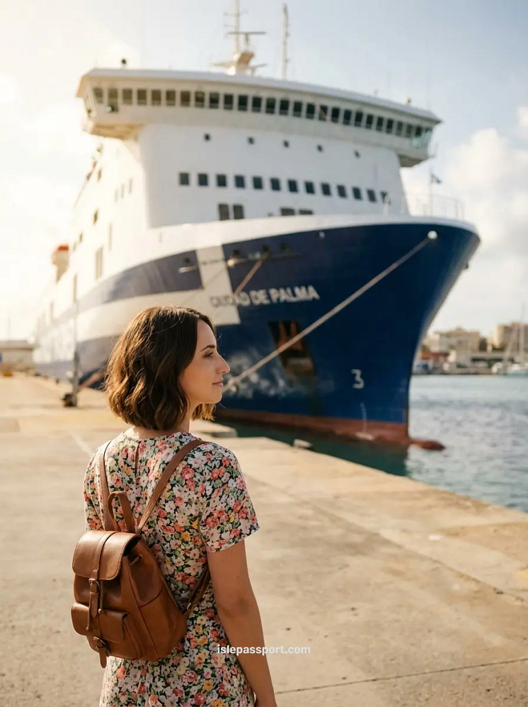 A traveler standing near a Trasmed ferry ship, a popular Balearic ferry choice for crossings from Barcelona to Palma.