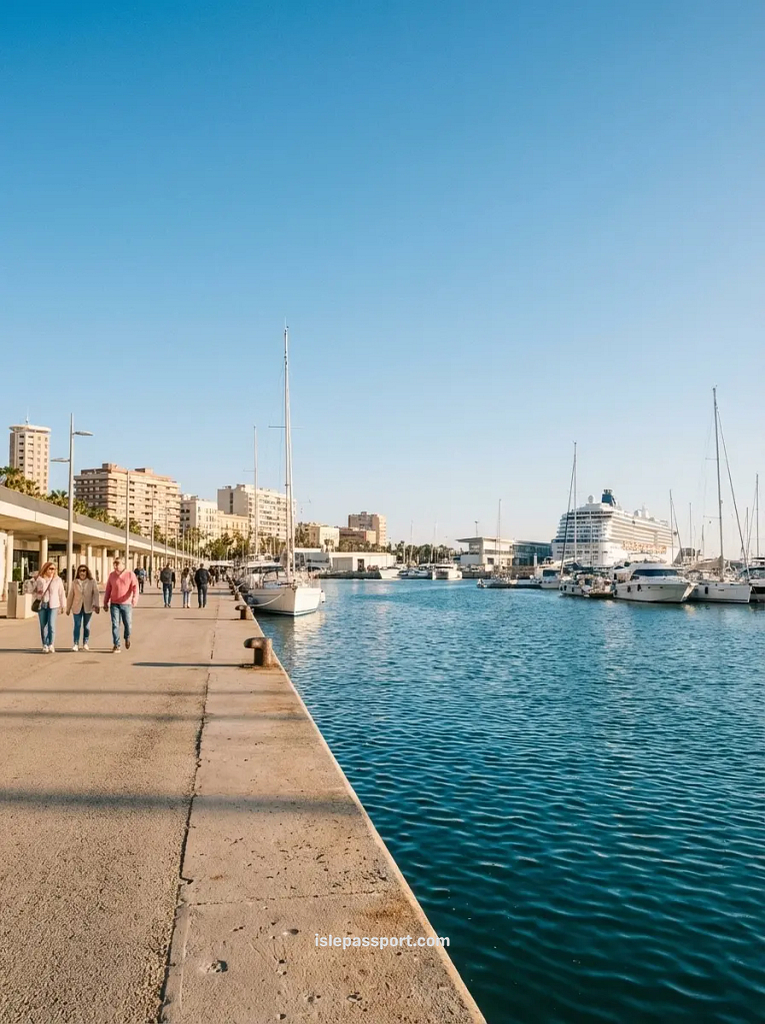 A wide view of the Valencia port harbor with yachts and a large Balearic ferry docked in the background under a blue sky.