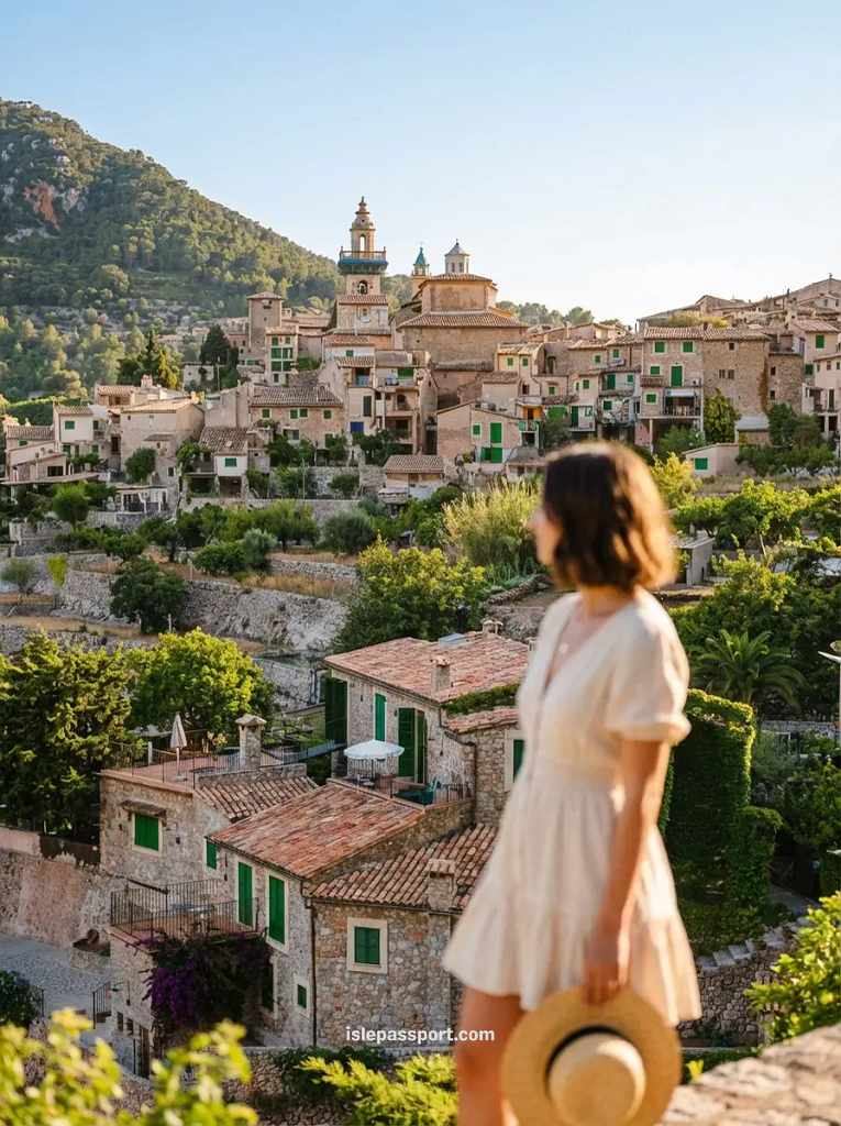 A woman looking out over the stone buildings of Valldemossa during a Mallorca scenic drive.