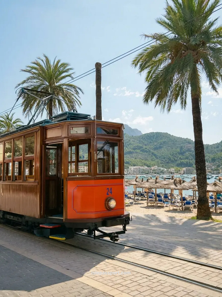 Orange tram number 24 parked at the Port de Sóller promenade lined with palm trees and the beach.