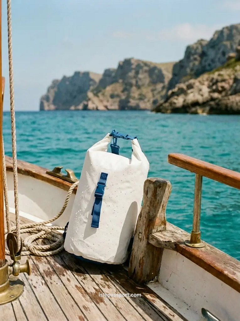 A white waterproof dry bag sitting on the wooden deck of a boat with the Mallorca coastline in the background.