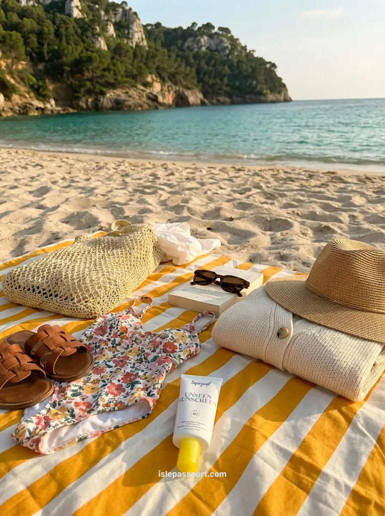 A collection of beach essentials for a trip to Mallorca in May, including a floral swimsuit, sunscreen, a sun hat, and a light cardigan for the breeze.