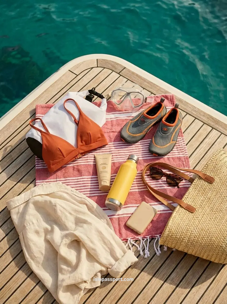 A flat lay of coastal travel essentials on a red striped towel, showing exactly what to pack for Mallorca including water shoes, snorkel mask, and sun protection.
