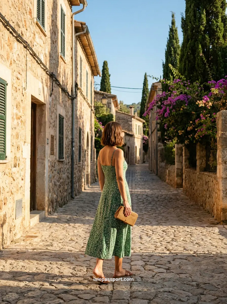 A woman in a green floral midi dress and sandals walking down a narrow stone street in a Deia Mallorca village.
